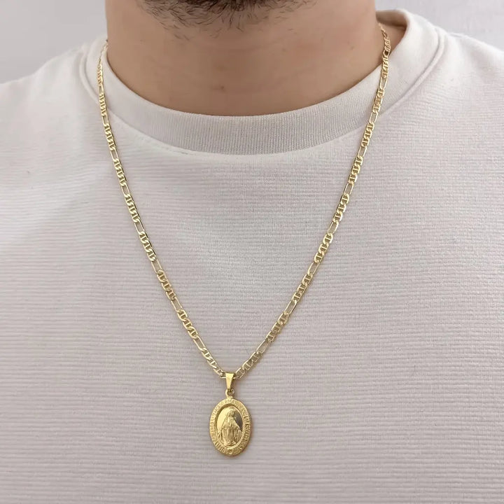 Cadena De Caballero De Tejido Cartier Plana De 60cm-3mm De Grosor Con Dije De La Virgen Milagrosa