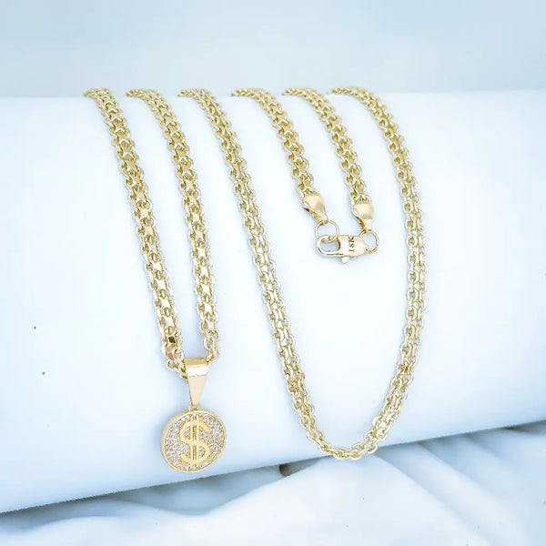 Cadena De Caballero De Tejido Chino De 60cm-3mm De Grosor Con Dije De Signo De Dólar + Envío Gratis