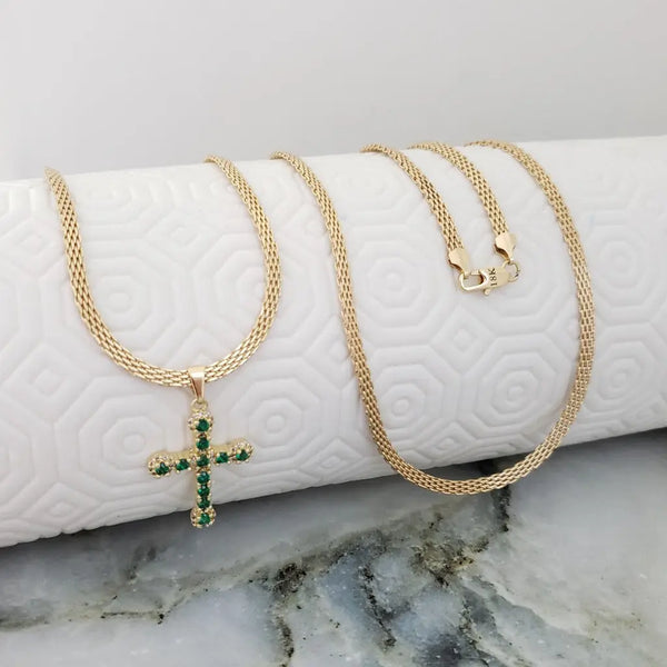 Cadena De Caballero De Tejido Chino De 60cm-3mm De Grosor + Dije De Cruz De Cristales Verdes Esmeralda + Envío Gratis