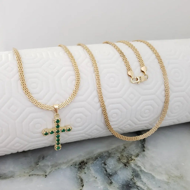 Cadena De Caballero De Tejido Chino De 60cm-3mm De Grosor + Dije De Cruz De Cristales Verdes Esmeralda + Envío Gratis
