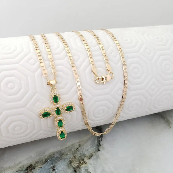 Cadena De Caballero De Tejido Escalera De 60cm-3mm De Grosor + Dije De Cruz Verde Cristal + Envío Gratis