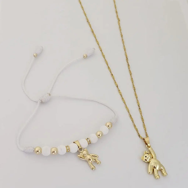 Cadena De Dama De Cadena De Tejido Singapur de 50cm-1mm De Grosor + Dije de Oso + Manilla de Dije de Oso