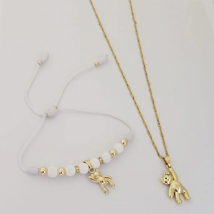 Cadena De Dama De Cadena De Tejido Singapur de 50cm-1mm De Grosor + Dije de Oso + Manilla de Dije de Oso