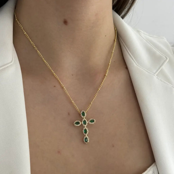 Cadena De Dama De Tejido Aros Con Balines De 1mm De Grosor + Dije De Cruz De Cristales Esmeraldas + Envío Gratis
