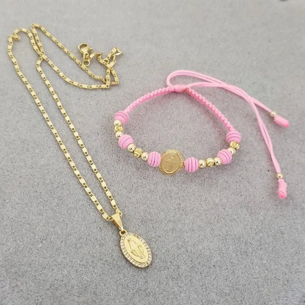 Cadena De Dama De Tejido Caracol de 50cm-1mm De Grosor + Dije de La Virgen Milagrosa + Manilla De La Virgen Milagrosa