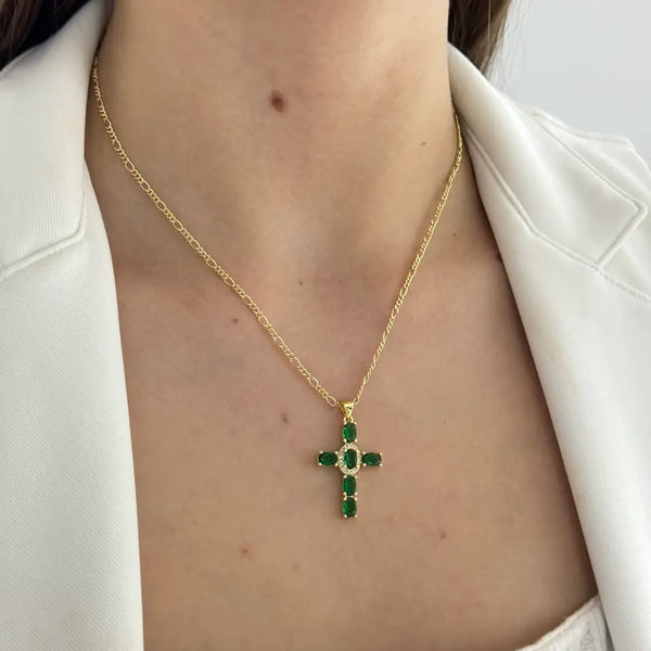Cadena De Dama De Tejido Cartier De 50cm-2mm De Grosor + Dije De Cruz Verde Esmeralda + Envío Gratis