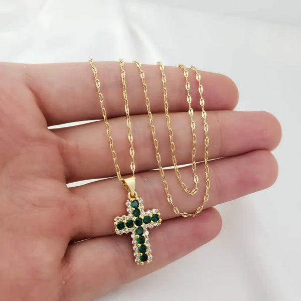 Cadena De Dama De Tejido Crispeta De 50cm-1mm De Grosor + Dije De Cruz De Piedras Verdes y Esmeraldas