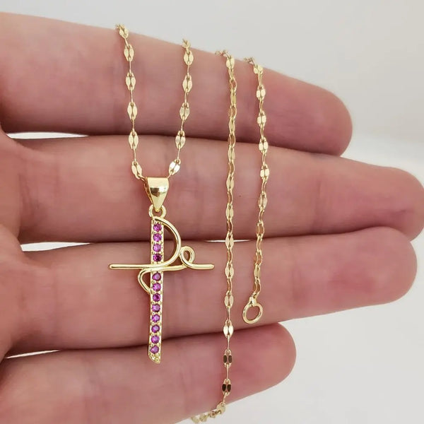 Cadena De Dama De Tejido Crispeta de 50cm-2mm De Grosor + Dije de Cruz 'Fe' Morada