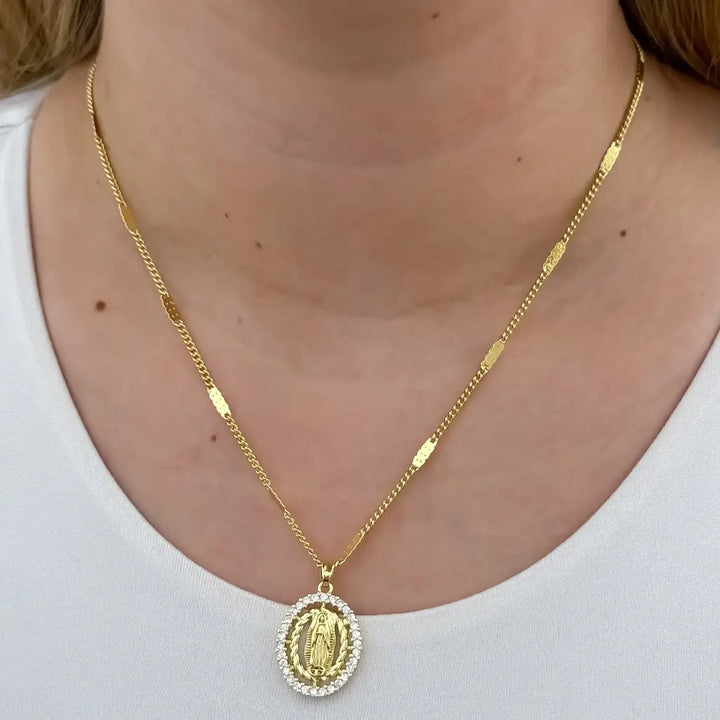 Cadena De Dama De Tejido Cubana Con Destellos De 50cm-3mm De Grosor Con Dije De La Virgen De Guadalupe