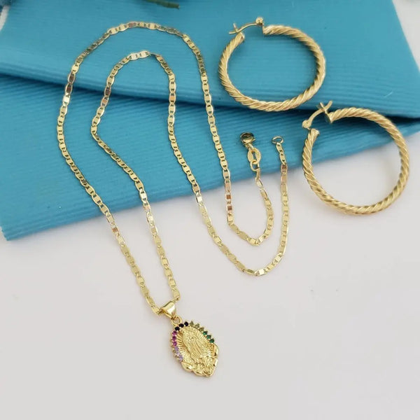 Cadena De Dama De Tejido Escalera De 50cm-2mm De Grosor + Dije de La Virgen de Guadalupe + Candongas