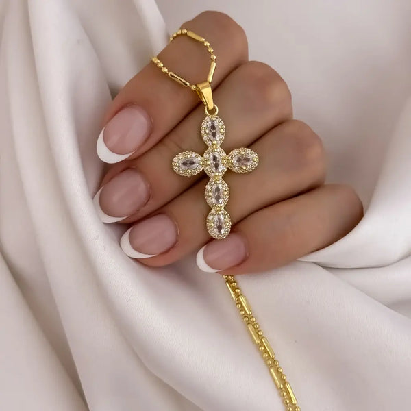 Cadena De Dama De Tejido Militar Con Barriles De 50cm-1mm De Grosor Con Dije De Cruz Cristal
