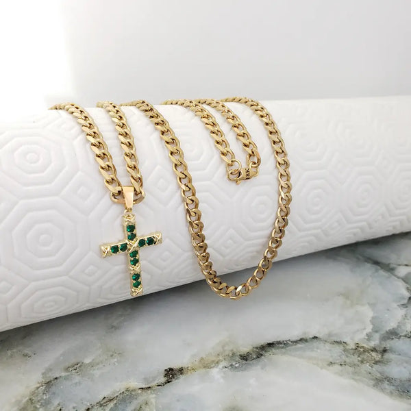 Cadena De Caballero De Tejido Cubana De 60cm-5mm De Grosor + Dije De Cruz De Cristales Verdes Esmeralda + Envío Gratis