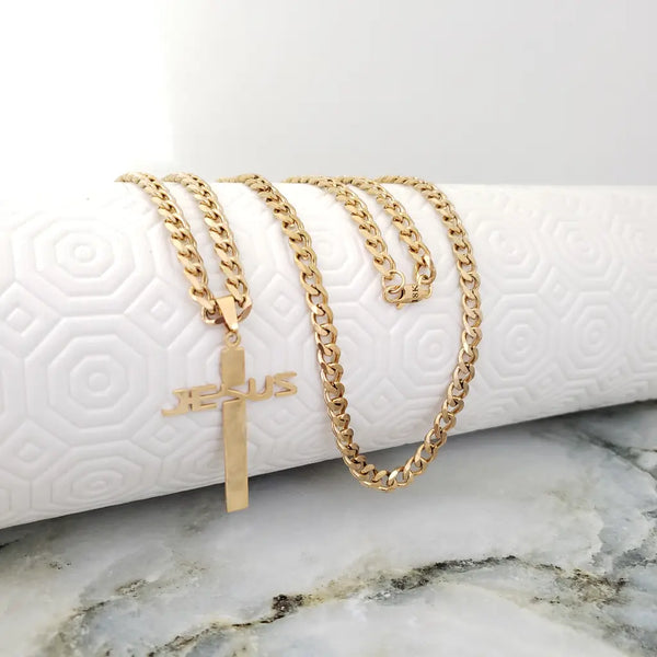 Cadena De Caballero De Tejido Cubana De 60cm-5mm De Grosor + Dije De Cruz JESUS + Envío Gratis