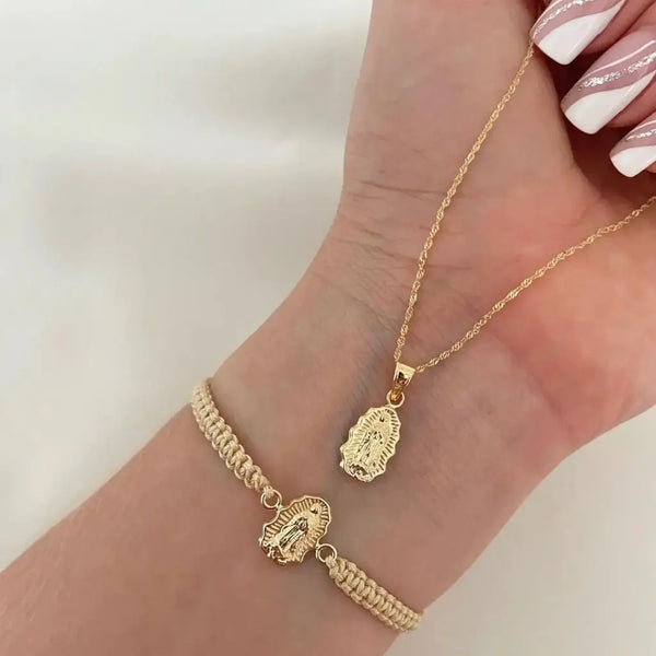 Cadena de Tejido Singapur de 50-1mm de Grosor + Dije de la Virgen De Guadalupe + Manilla de Herraje de La Virgen De Guadalupe + Envío Gratis