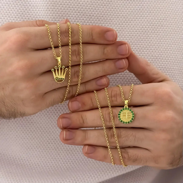 Cadenas Para Parejas De Tejido Aros Con Dijes De Corona Rolex Y Dije De Fe Con Piedras Verdes