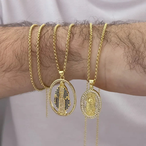 Cadenas Para Parejas De Tejido Aros Con Dijes De La Virgen De Guadalupe Y Dije De La Virgen Milagrosa