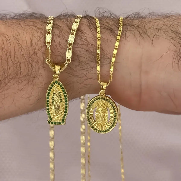 Cadenas Para Parejas De Tejido Caracol Con Destellos Con Dijes De La Virgen De Guadalupe Con Piedras Verdes