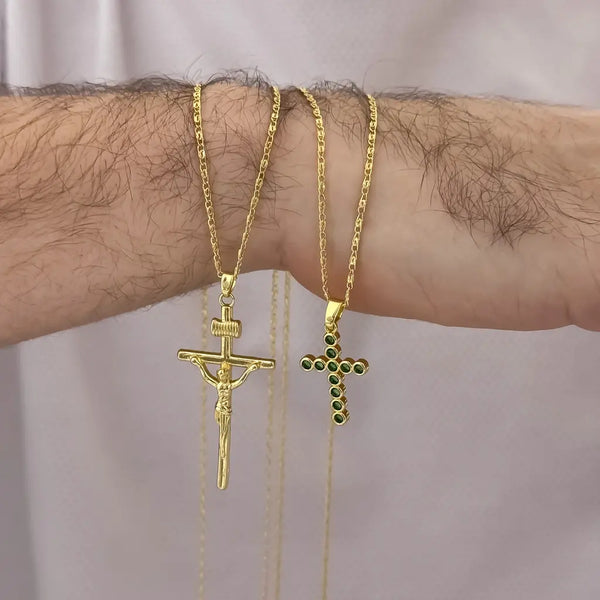 Cadenas Para Parejas De Tejido Caracol Con Dije De Crucifijo Y Dije De Cruz Verde