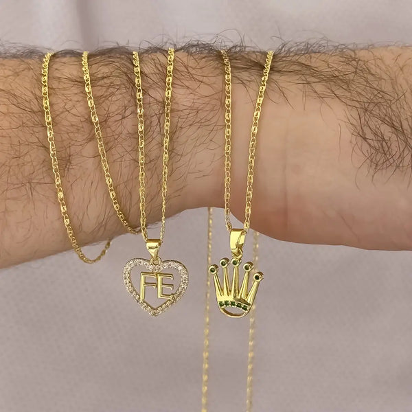 Cadenas Para Parejas De Tejido Caracol Con Dijes De Corazón FE Y Corona Rolex De Piedras Verdes
