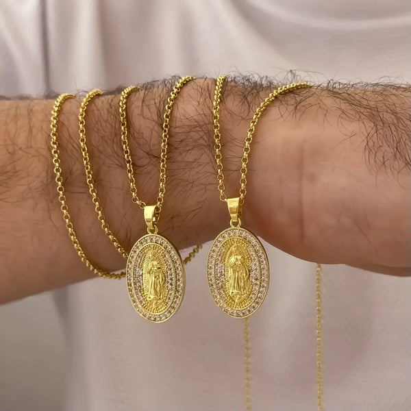 Cadenas Para Parejas De Tejido Caracol Con Dijes De La Virgen De Guadalupe Con Piedras Cristal