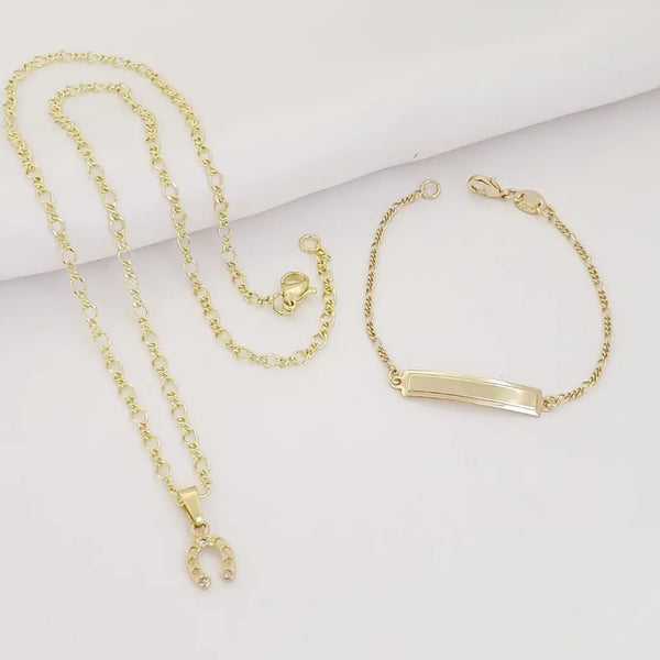 Conjunto De Bebé Con Cadena De Tejido Aros + Dije De Herradura + Pulsera Tejido Cartier Fina Con Placa. (Cadena De 40cm-1mm, Pulsera De 15Cm-1mm De Grosor)