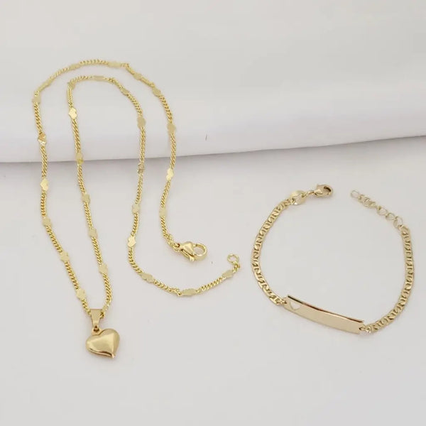 Conjunto De Bebé Con Cadena De Tejido Cubana Con Corazones + Dije De Corazón + Pulsera Tejido Escalera Con Placa. (Cadena De 40cm-2mm, Pulsera De 15Cm-2mm De Grosor)