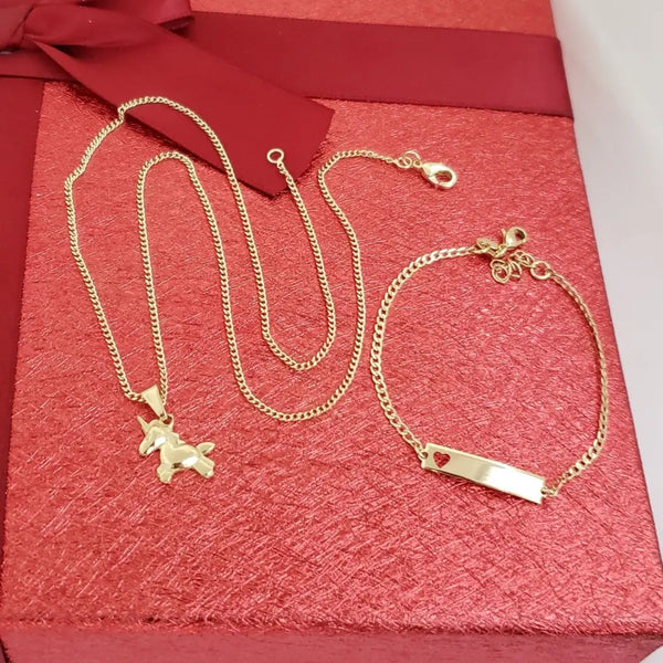 Conjunto De Bebé Con Cadena De Tejido Cubana + Dije De Unicornio + Pulsera Tejido Cubana Con Placa. (Cadena De 40cm-2mm, Pulsera De 15Cm-2mm De Grosor)