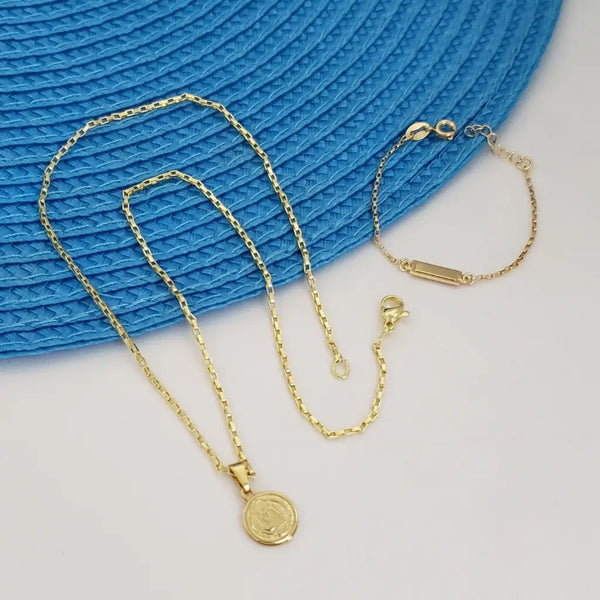 Conjunto De Bebé Con Cadena De Tejido Veneciano + Dije De San Benito + Pulsera Tejido Veneciano Con Placa. (Cadena De 40cm-1mm, Pulsera De 15Cm-1mm De Grosor)