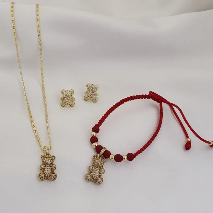 Conjunto De Bebé De Cadena De Tejido Caracol + Dije De Oso + Manilla De Tejido Macramé Con Dije De Oso + Topos De Oso. (Cadena De 40cm-1mm De Grosor)