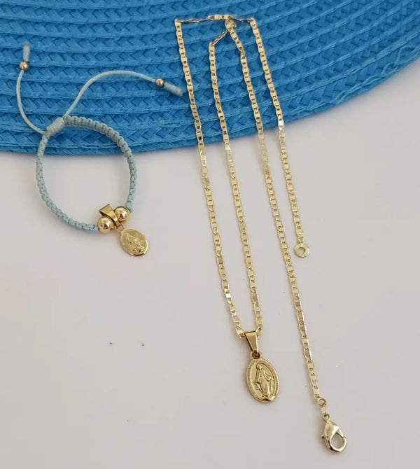 Conjunto De Bebé De Cadena De Tejido Escalera + Dije De La Virgen Milagrosa + Manilla De Tejido Macramé Con Dije De La Virgen Milagrosa. (Cadena De 40cm-2mm De Grosor)