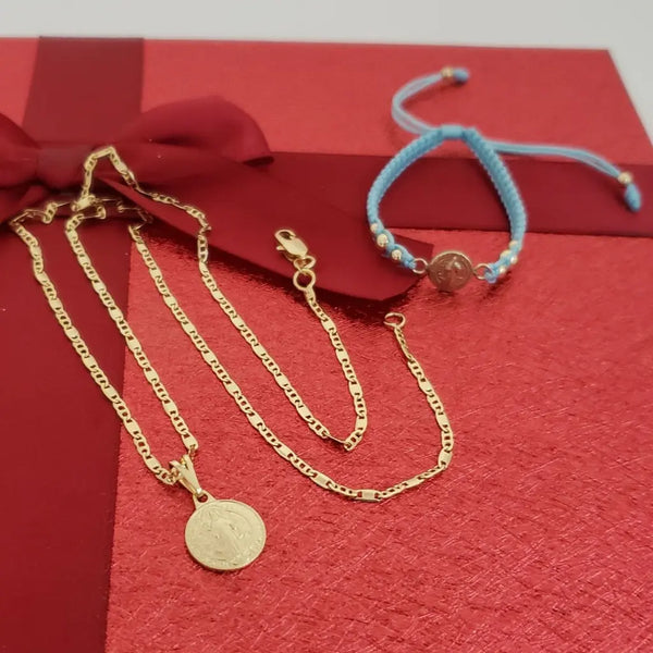Conjunto De Bebé De Cadena De Tejido Escalera + Dije De San Benito + Manilla De Tejido Macramé Con Herraje De San Benito. (Cadena De 40cm-2mm De Grosor)
