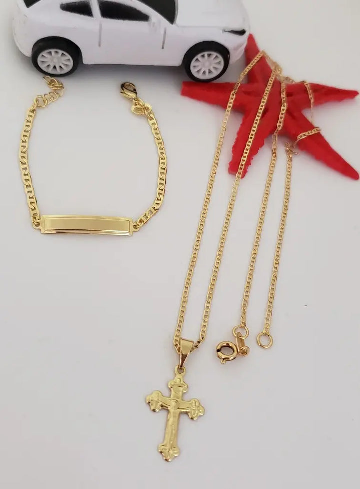 Conjunto De Bebé De Cadena Escalera + Dije De Crucifijo + Pulsera Escalera Con Placa. (Cadena De 40cm/2mm De Grosor, Pulsera de 15cm-3mm)