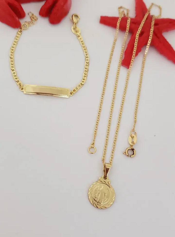 Conjunto De Bebé De Cadena Escalera + Dije De San Benito + Pulsera Escalera Con Placa. (Cadena De 40cm/2mm De Grosor, Pulsera de 15cm-3mm)
