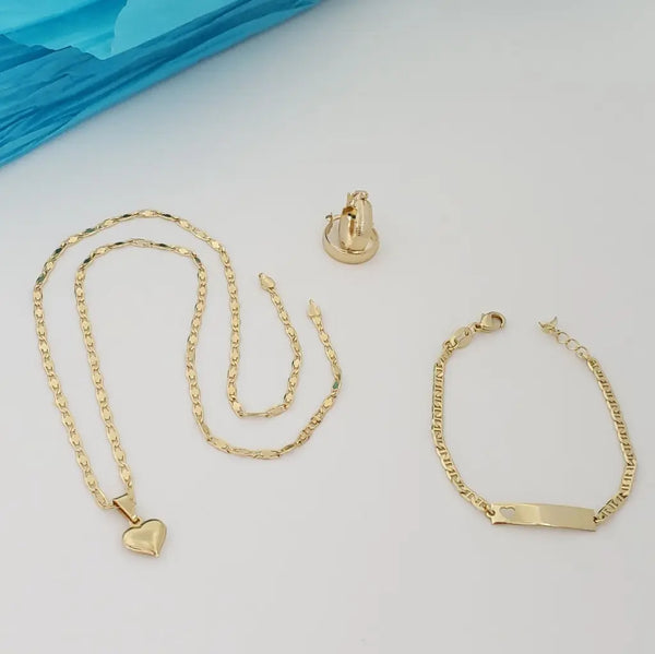 Conjunto De Bebé De Cadena Tejido Caracol + Dije De Corazón + Pulsera Tejido Escalera Con Placa + Candongas de 11mm. (Cadena de 40cm-3mm De Grosor, Pulsera de 15cm-3mm)