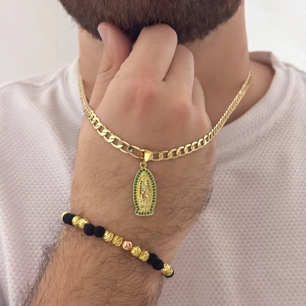 Conjunto De Caballero Con Cadena Cubana, Dije De La Virgen De Guadalupe Y Manilla De Balines Italianos, Neoprenos Y Balines Lisos Rosados