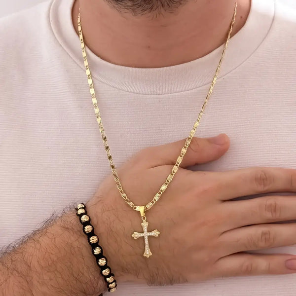 Conjunto De Caballero Con Cadena De Tejido Caracol Con Destellos, Dije De Cruz Cristal Y Manilla Italiana