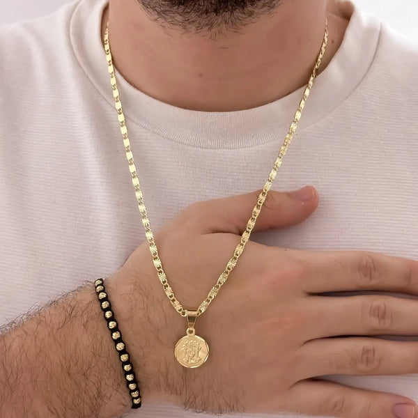 Conjunto De Caballero Con Cadena De Tejido Caracol Con Destellos, Dije Del Sagrado Rostro Y Manilla De Balines Italianos