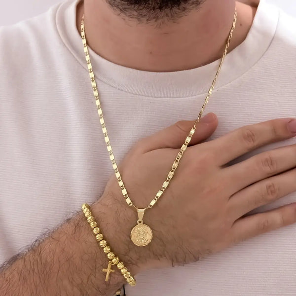 Conjunto De Caballero Con Cadena De Tejido Caracol Con Destellos, Dije Del Sagrado Rostro Y Manilla Italiana Con Dije De Cruz