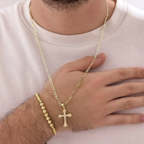 Conjunto De Caballero Con Cadena De Tejido Cartier, Dije De Cruz Cristal Y Manilla Full Balines