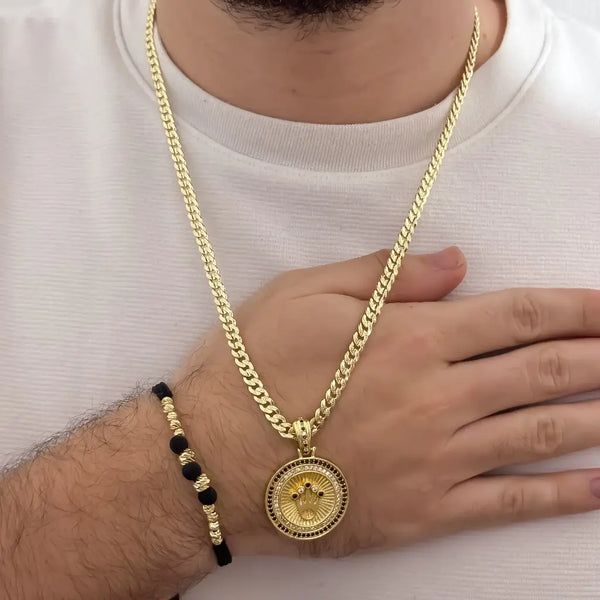 Conjunto De Caballero Con Cadena De Tejido Cubana Diamantada, Dije Rolex Y Manilla De Balines Italianos Y Neoprenos