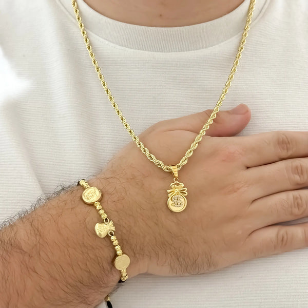 Conjunto De Caballero Con Cadena De Tejido Lazo, Dije De Bolsa De Dinero Y Manilla De Abundancia + Envío Gratis