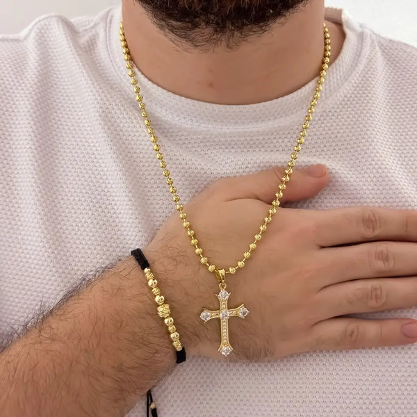 Conjunto De Caballero Con Cadena Militar, Dije De Cruz Cristal Y Manilla De Balines Italianos Y Lisos