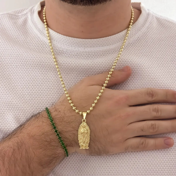 Conjunto De Caballero Con Cadena Tejido Militar, Dije De La Virgen De Guadalupe Y Pulsera Tejido Tenis Verde