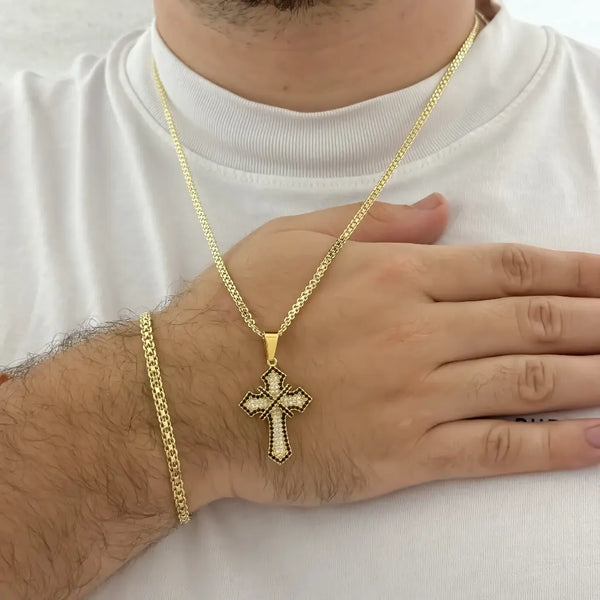 Conjunto De Caballero Con Cadena Y Esclava De Tejido Chino Y Dije De Cruz Cristal + Envío Gratis