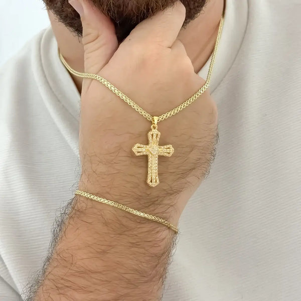Conjunto De Caballero De Tejido Chino Con Cadena Y Esclava Y Dije De Cruz + Envío Gratis