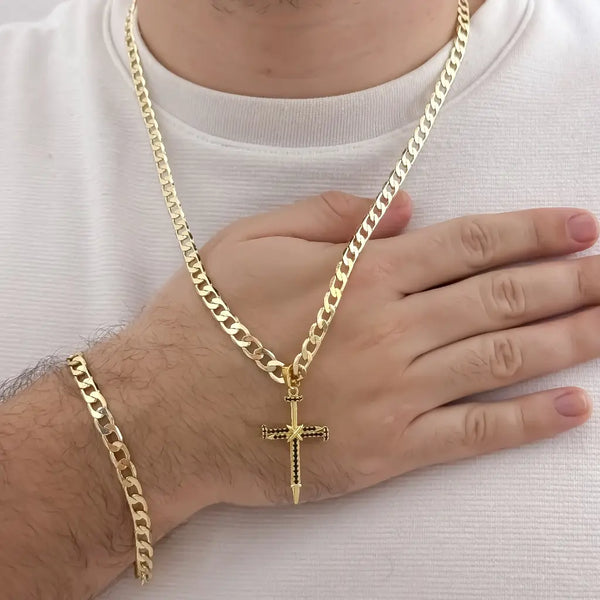 Conjunto De Caballero De Tejido Cubana De 5mm Con Cadena, Esclava Y Dije De Cruz Clavo