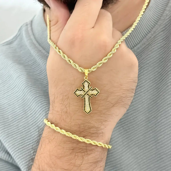 Conjunto De Caballero De Tejido Lazo Con Cadena Y Esclava De 3mm De Grosor Con Dije De Cruz + Envío Gratis