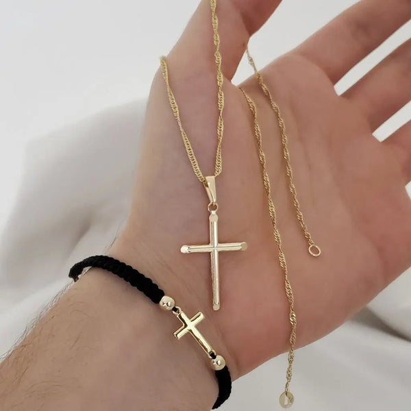 Conjunto De Cadena De Dama de Tejido Singapur de 45cm-2mm De Grosor + Dije de Cruz + Manilla De Tejido Macramé Con Balines de 3mm y Herraje de Cruz