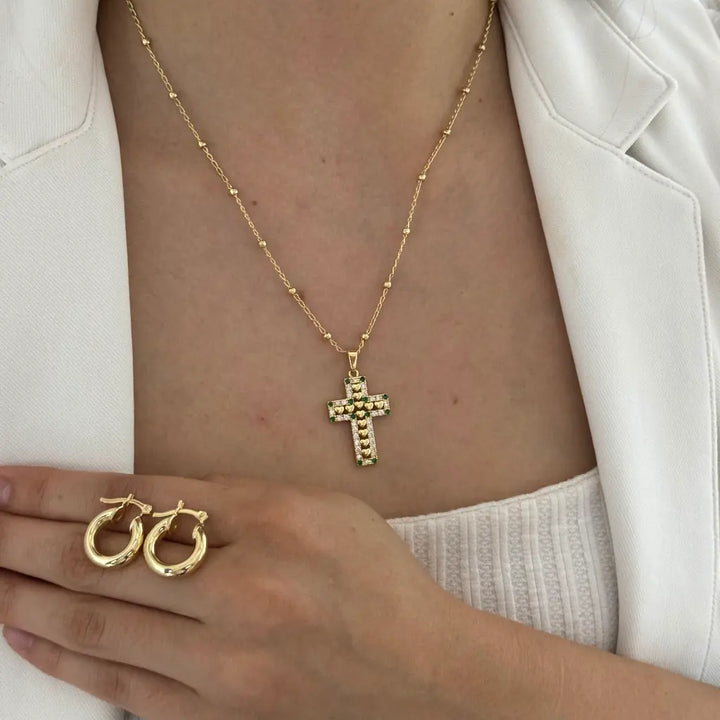 Conjunto De Dama Con Cadena De Tejido Aros Con Balines De 50cm-1mm De Grosor + Dije De Cruz De Corazones + Candongas De 20mm + Envío Gratis