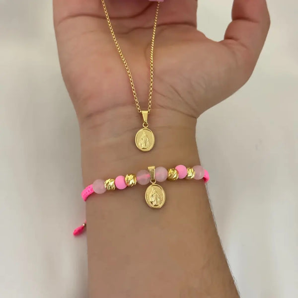 Conjunto De Dama Con Cadena De Tejido Aros Y Dije De La Virgen Milagrosa + Manilla Con Dije De La Virgen Milagrosa